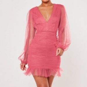 Mesh V Neck Ruched Mini Dress